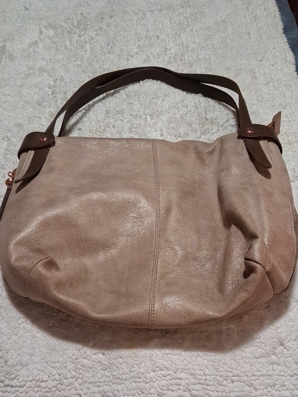 HOBO Soft Taupe Leather Shoulder Bag with Dark Brown Straps
